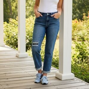 Judy Blue Mid-Rise Boyfriend Jeans  Embroidered Distressed Repair Patch Denim